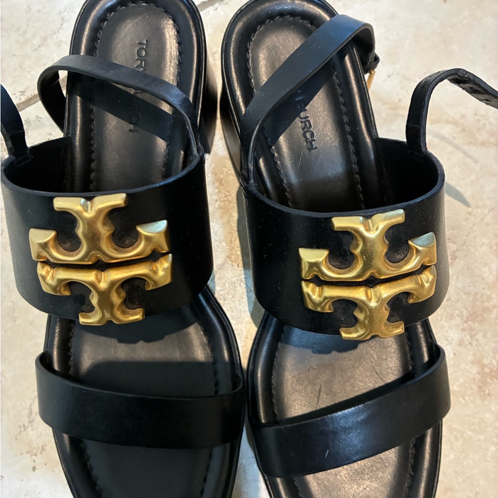 Tory Burch Black Sandals with Gold Emblem - Picture 3 of 4